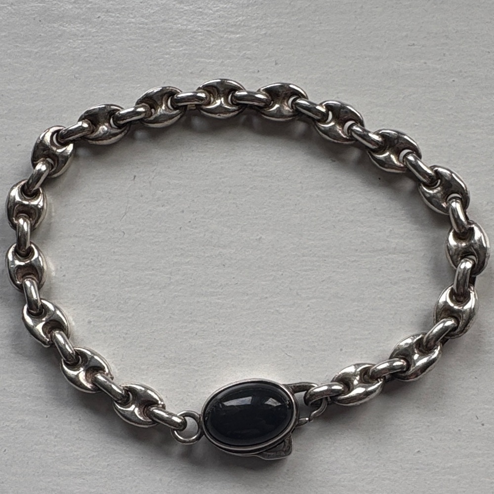 Sterling Silver Chain Link and Black Onyx Bracelet 8”
